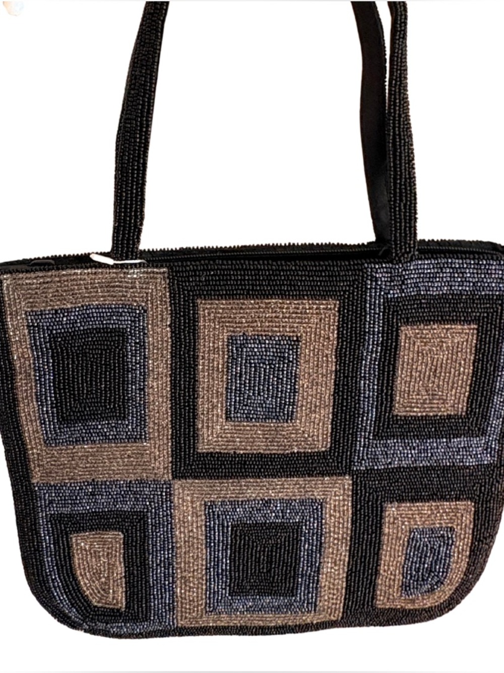 VTG 90s Black Gray Squares Beaded Shoulder Bag Geometric Patchwork Purse